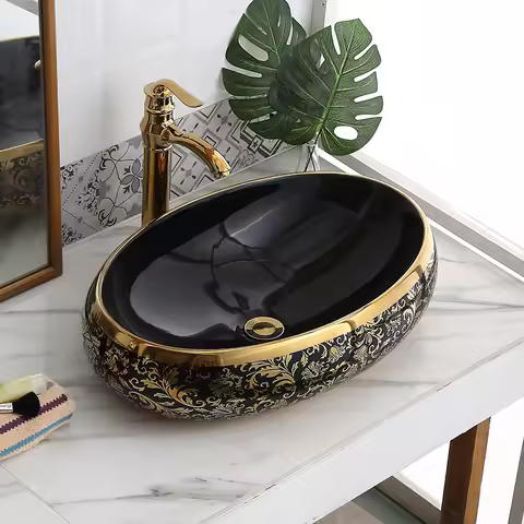 Luxury Modern Vessel Lavabo Oval Art Basin Ceramic Gold Black Bathroom Sink Counter Top Hand Wash Ba