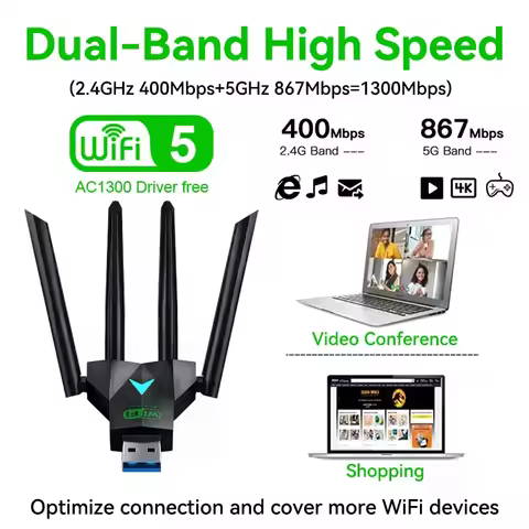 Dual Band 1300Mbps WiFi USB Adapter 2.4G/5Ghz Wi-Fi Dongle USB3.0 802.11AC 4-Antenna Wireless Receiv