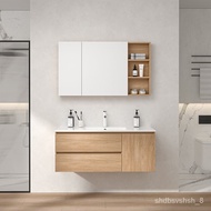 ‍🚢Wood Color Integrated Ceramic Basin Bathroom Cabinet Mirror Cabinet Combination Set Washbasin Toilet Cream Style Wash
