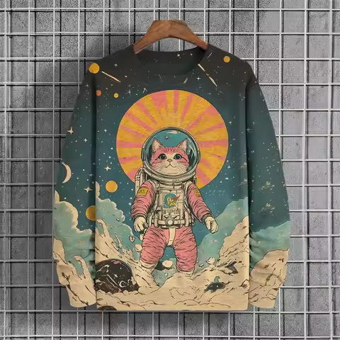 Japanese Pattern Sweatshirts For Men Space Cat 3D Printed Pullover Tops Autumn Oversized O-Neck Hood