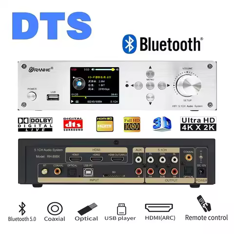 5.1CH Audio Decoder Bluetooth 5.0 4K60Hz HD-MI 2.0 Switcher 2 In 1 Out ARC Converter PC-USB DAC DTS