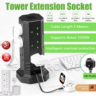 Power Extension Tower Row Multi Plug Extension Socket 2M Extension Cable with 12AC & 4USB-C & 1USB-A