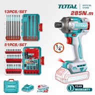 TOTAL Tools Cordless Impact Driver + Battery + Charger + Accessories (20V / 285Nm / 6.35mm / Brushle