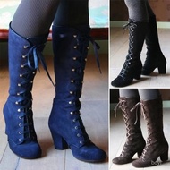 Taiwan Shipping Long Boots Women European American Square Toe Front Laced-Up Thick Heel Side Zipper 