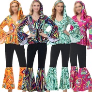 Women's 60s-70s Peace & Love Hippie Outfit - Printed Top, Pants, and Headscarf