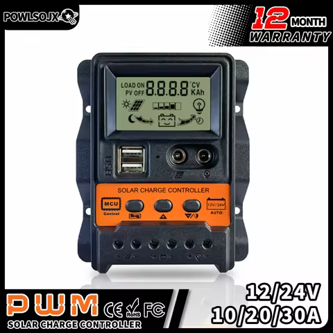 POWLSOJX 10/20/30A Solar Charge Controller with 3-Stage PWM, USB Output, HD Display, and Multiple El