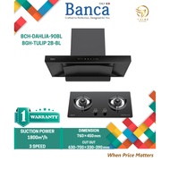 BANCA SLANTED CHIMNEY HOOD BCH-DAHLIA-90BL / BCH-HAZEL DC-90BL + TEMPERED GLASS GAS HOB - BGH-TULIP 