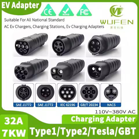 WUFEN EV Charger Adapter Tesla Model y s x 3 J1772 to gbt adapter 32A 7kw Type 2 to Type 1 Charging 
