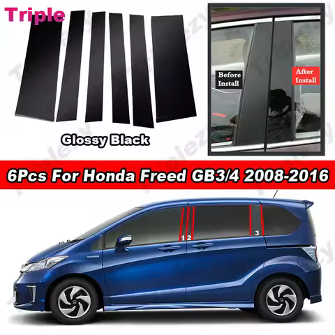 6Pcs Glossy Piano Black Car Door Window Column BC Pillar Post Trim Stickers Exterior Styling For Hon