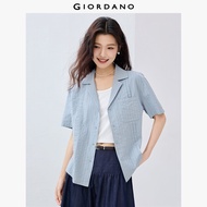 GIORDANO ผู้หญิง เสื้อเชิ้ต 100% Cotton Jacquard เสื้อเชิ้ตลายทาง กระเป๋าจีบ ปกเสื้อ แขนสั้น เสื้อเช
