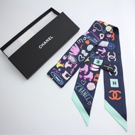 CHANEL 100% Silk Twilly CC Mark Scarf in Navy Blue