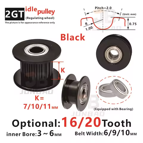 Black 2GT 16T/20T Idle pulley Equipped with Bearing Belt Width 6 9 10 MM G2T 16/20 Teeth Regulating 