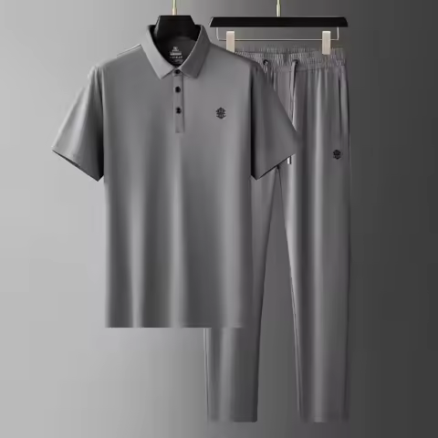 New Mulberry Silk Men's Sets Luxury Summer Short Sleeve Solid Color Male Polo Shirts Suits Sport Cas