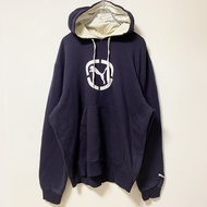 古著PUMA長袖標誌印花連帽衫，海軍藍，休閒，超大，L 碼