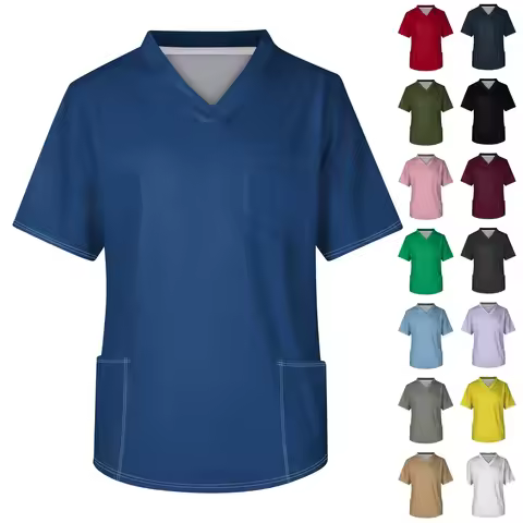 Summer Scrub Top Nursing Uniform Solid Color Short-Sleeve V-Neck Nursing Work T-Shirt With Pocket Ho