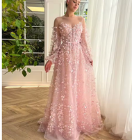 Gaun Malam A-Line Pink Elegan dengan Bunga 3D 2025 Lengan Panjang Mewah Pesta Prom Pernikahan Formal