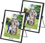 QWORK Floating Picture Frame, 2 Pack 7"×9" Black Metal Frame, Photo Frames with Real Glass for Prote