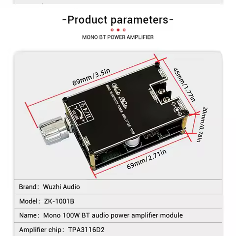 ZK-1001B Mono Bluetooth Amplifier Board with TPA316D2 Chip Wide Voltage Input 12-24V Peak Output Pow