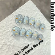 Press on nails handmade Blue Blue Crystal Cat's Eye handmade Wear nails Cute Childlike Fish Bubble M