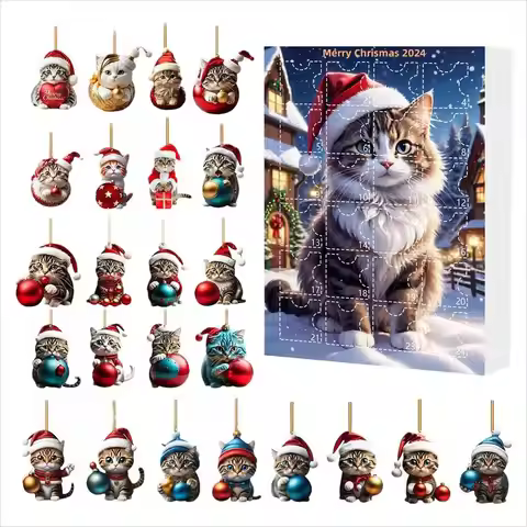 2024 Advent Calendar Christmas Cat Countdown Calendar Cute Animal Hanging Decoration 2025 New Year C