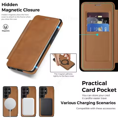 Leather Flip Card Slot Wallet Case For Samsung S25FE S26 Ultra Magnetic Ring Stand For Magsafe Cover