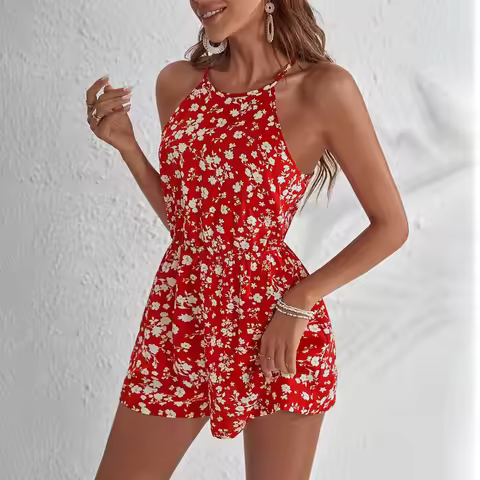 Summer Romper Casual Beach Floaty Mini Short Jumpsuits For Woman Elegant Hanging Neck Mini Short Jum