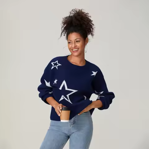 Women's Autumn Winter Knit Sweater Long Sleeve Crewneck Star Print Loose Knitwear Casual Pullovers