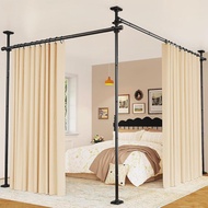 Adjustable Room Divider Curtain Rod - No Drill Bedroom Separator Tension Curtain Frame, Free-Standin
