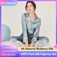 100% Pure Real Silk Pajama Sleepwear Woemn's Long Top and Pant Two-piece Pyjamas Suit Plus Size Pijama Mulberry Silk Home Suits