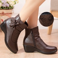 Bow Tie Leather Ankle Boots Microfiber Leather Bow-knot Ankle boots for women Plush Black Fashion Zip Warm winter shoes female
