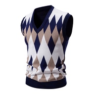 Mens Argyle Vest Sweater Wool Blend V-Neck Sleeveless Pullover Sweater