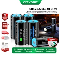 CITYORK CR123A/16340 3.7V USB Rechargeable Lithium Battery（Type-C Fast Charge/1500 Cycles/Free Cable