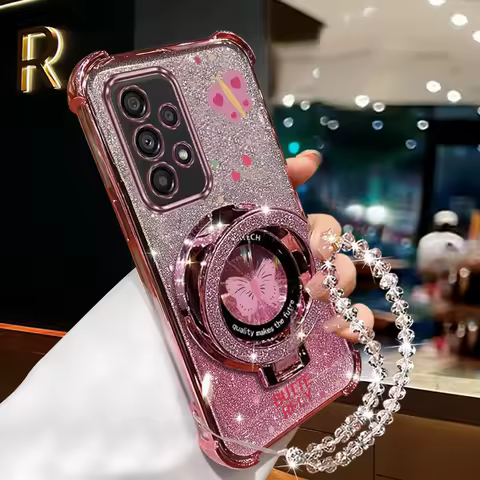 A 53 33 73 Crystal Strap Glitter Butterfly Phone Holder Case On For Samsung Galaxy A32 A33 A52 A53 A