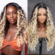 The Stylist HD LACE Front Wig Deep Twist Wave curl 13X6 Deep Transparent Lace Frontal Wigs 27 Inch Human Hair Master Blend Swiss Lace Curly Long Wig - Selena (Neutral HD Lace, MOP1B/BLONDE)