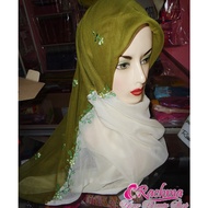 HIJAU PARIS 2 TONE OK HIJAB CREATIVE DESIGN ART CREAM + GREEN LEAF SOFT BEAUTIFUL