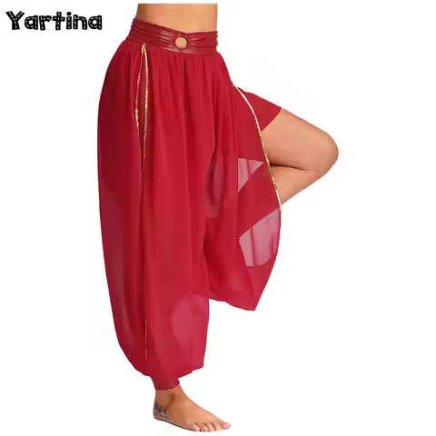 Womens Indian Belly Dance Pants Bloomers Chiffon O-ring Ruch Side Split Pants for Belly Dancing Them