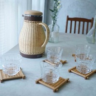 日本雜貨-全新庫存象印夏日手工藤編保溫瓶茶杯杯墊組-日本製