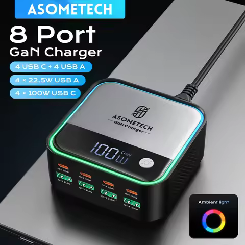 GaN USB C Charger 8 Port Mini Desktop Charger Ambient Lighting Display 4 X 100W PD PPS Fast Charger 