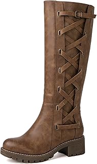 Women's Strappy Motorcycle Knee High Boots, Wide Calf Riding Boots Back Lace Up Fall Winter Fashion 