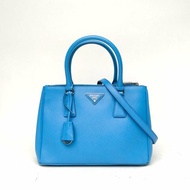 PRADA Galleria殺手包中號藍色牛皮銀扣肩背包