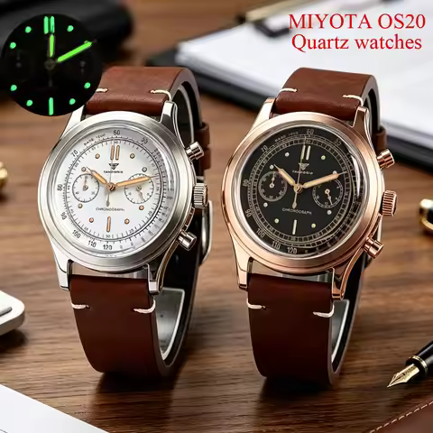 Rose Gold Silver Case 38mm Tandorio Chronograph Quartz Men Watch MIYOTA OS20 Domed Glass Retro Busin