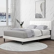 Tuconia Queen Size Bed Frame Linen Upholstered Platform with Adjustable Headboard Wood Slats Support No Box Spring Needed Easy Assembly White