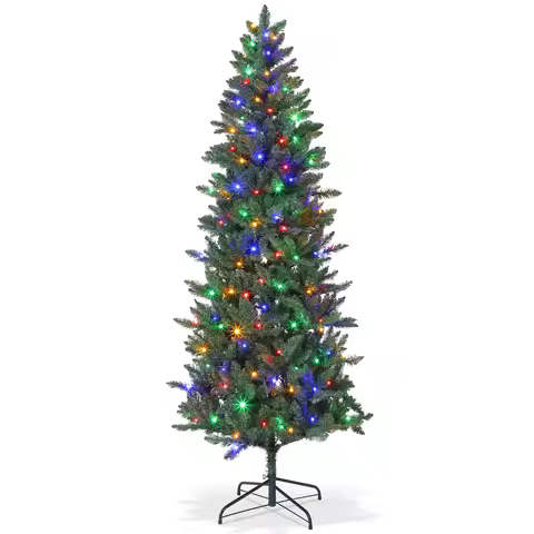 Pre-Lit Slim Pencil Artificial Christmas Tree with Warm White LED Lights, 8 Flash Modes, Snow-Flocke