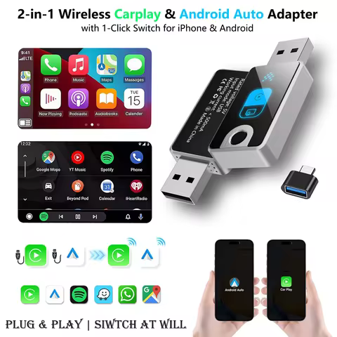 2in 1 Wireless Carplay & Android Auto Adapter,Plug & Play CarPlay Adapter with One-Click Switch for 