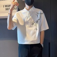 新中式短袖衬衫男竹子刺绣寸衫垂感上衣2024新款薄款半袖衬衣