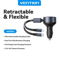 Vention Three-Port USB-C + USB-C/Lightning (30W + 30W/27W) Car Charger with Built-In Cable for Phone