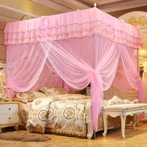F5 Luxury Princess Bed Curtain Canopy Netting 1.2m/1.5m/1.8m Three Side Openings Post Mosquito Net B
