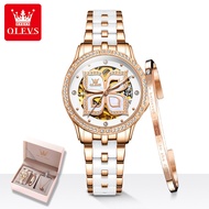 OLEVS 6612 Automatic Mechanical Watch for Women Diamond Wristwatch Ceramic Strap Waterproof Luminous