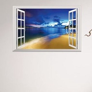 藍色沙攤假窗壁貼 3D立體壁貼 貼紙 壁紙 沂軒精品 E0060 台灣現貨
