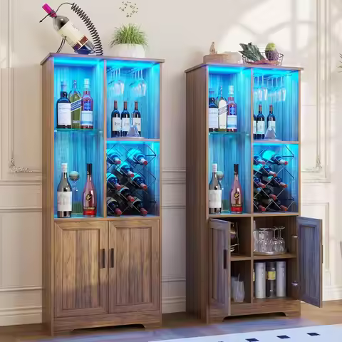 Wine Cabinet, Wine Bar Cabinet with LED Lights, Liquor Cabinet with Glass Holder Wine Rack, Farmhous
